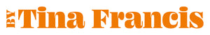 An orange logo.  The work by is written vertically and Tina Francis is written horizontally, The font is retro and rounded